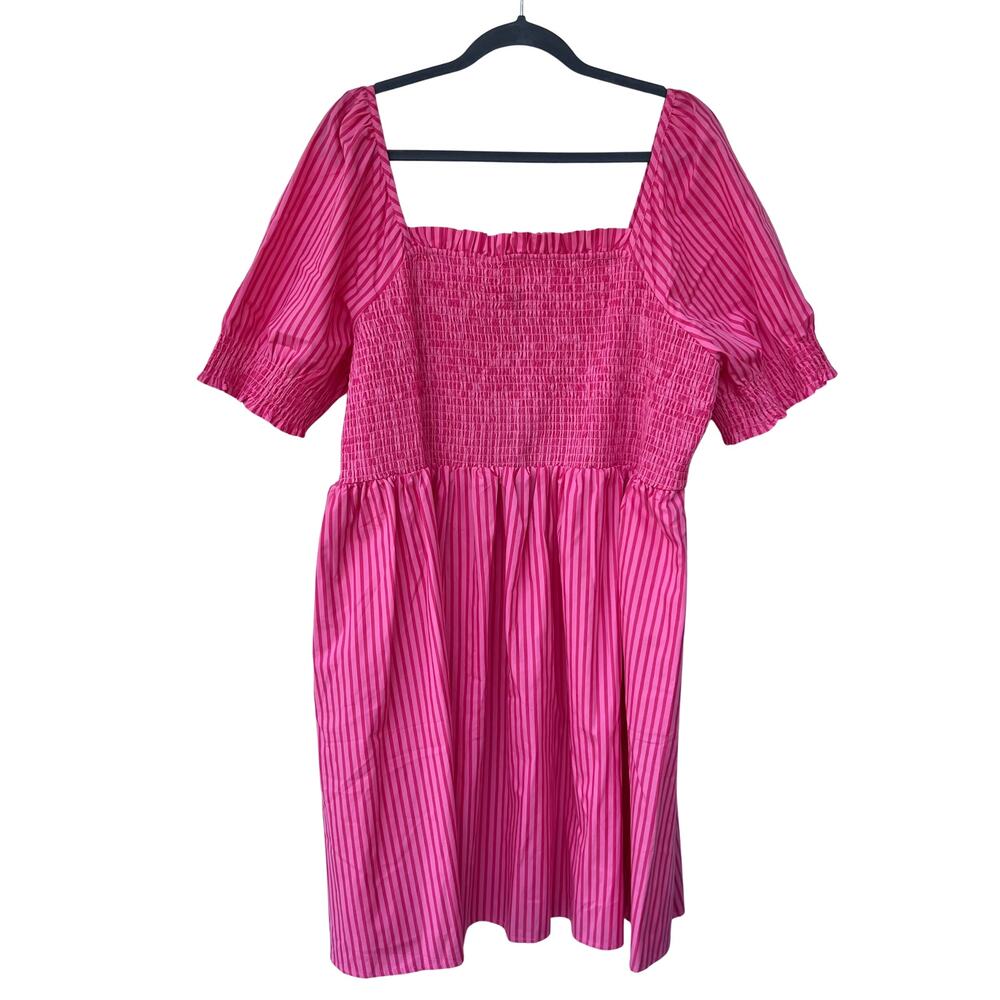 NWT Draper James Cam Smocked Puff Sleeve Dress Pink Stripe Square Neck Size 2X - Picture 2 of 10